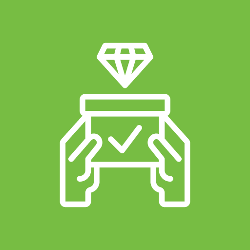 Hands holding package with diamond icon.