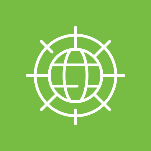 Globe icon with grid, green background.