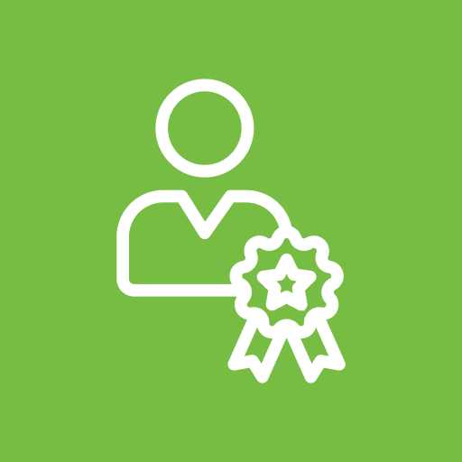 Person icon with award ribbon, green background.