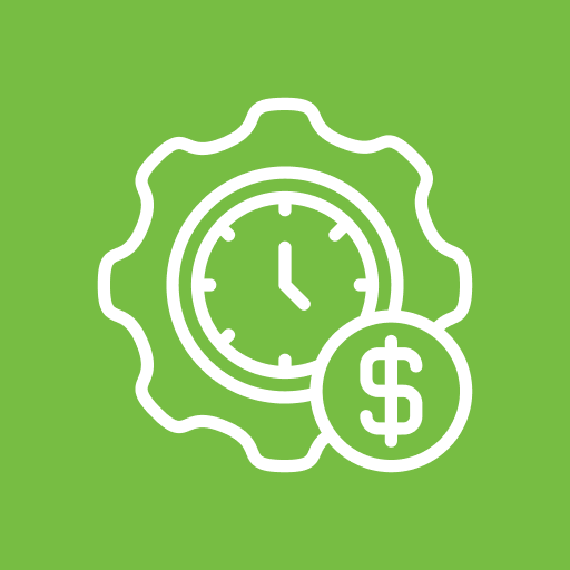 Clock and dollar symbol on green background.