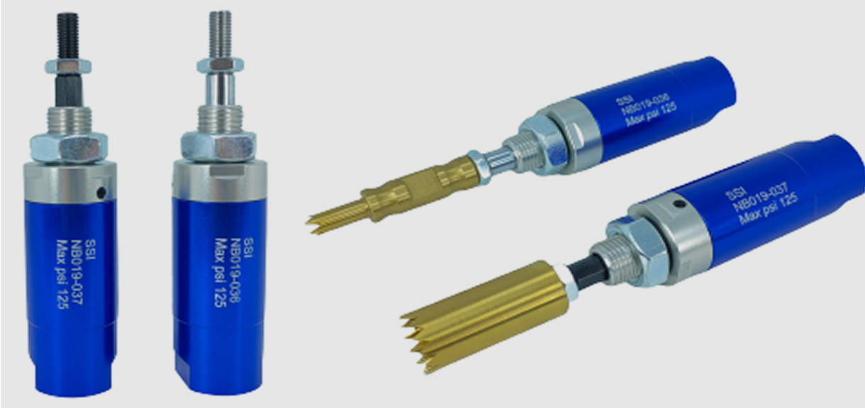Blue industrial tools with metallic attachments.