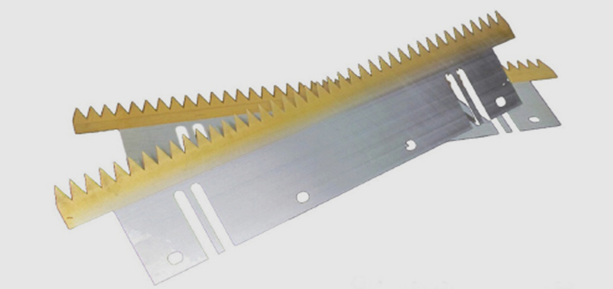 Two serrated metal blades on white background.
