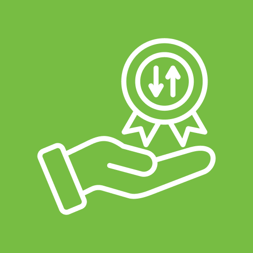 Hand holding badge with arrows icon.