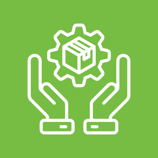Hands holding gear with package icon.