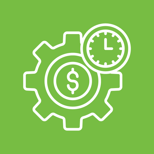 Clock, dollar, and gear on green background.